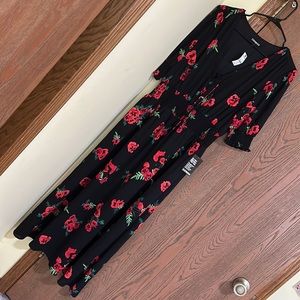 Express Black Maxi Dress with Red Flower Design with cinched waist and sleeve